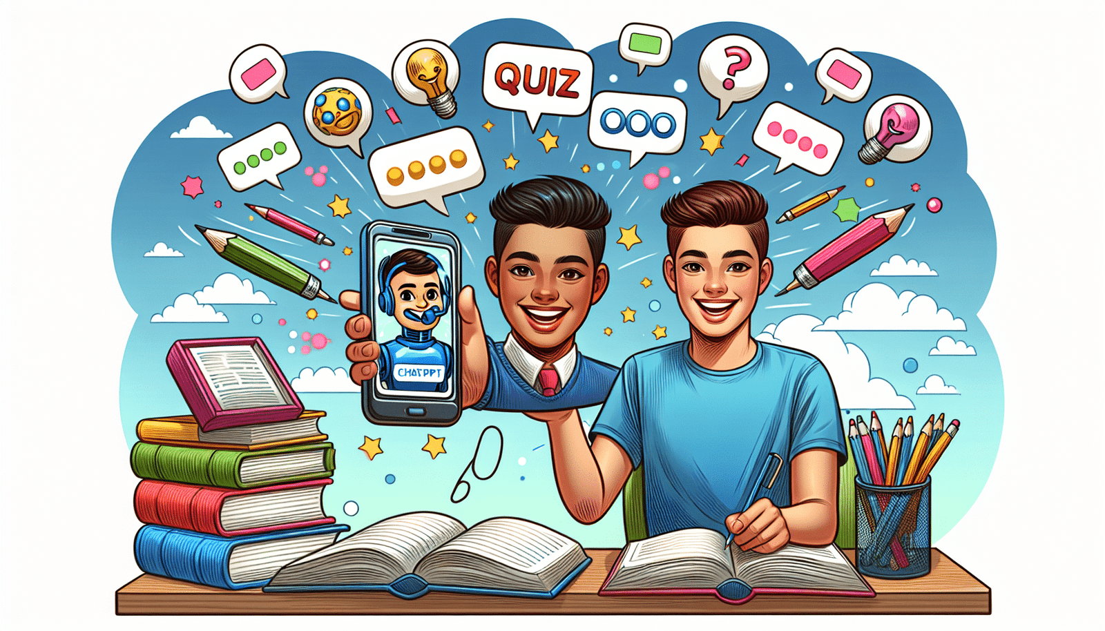 Illustration stylisée et colorée d'un étudiant souriant interagissant avec ChatGPT sur son téléphone, avec des bulles de quiz qui flottent autour. Fond avec des livres ouverts et des crayons. Style bande dessinée, couleurs vives.