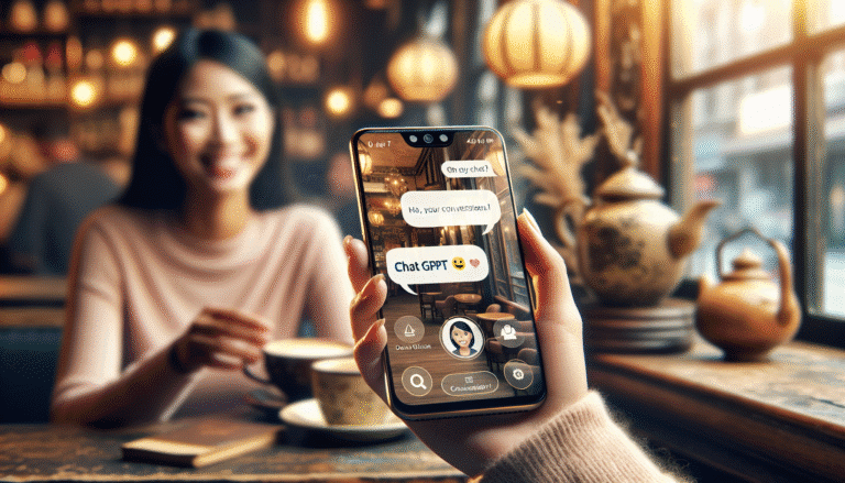 Un smartphone affichant une conversation fluide et naturelle avec ChatGPT dans une interface utilisateur conviviale. Ambiance chaleureuse, type café cosy, avec une personne souriante en arrière-plan.