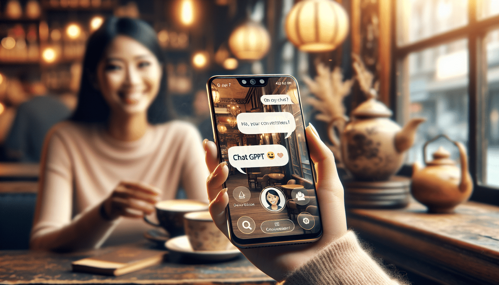Un smartphone affichant une conversation fluide et naturelle avec ChatGPT dans une interface utilisateur conviviale. Ambiance chaleureuse, type café cosy, avec une personne souriante en arrière-plan.