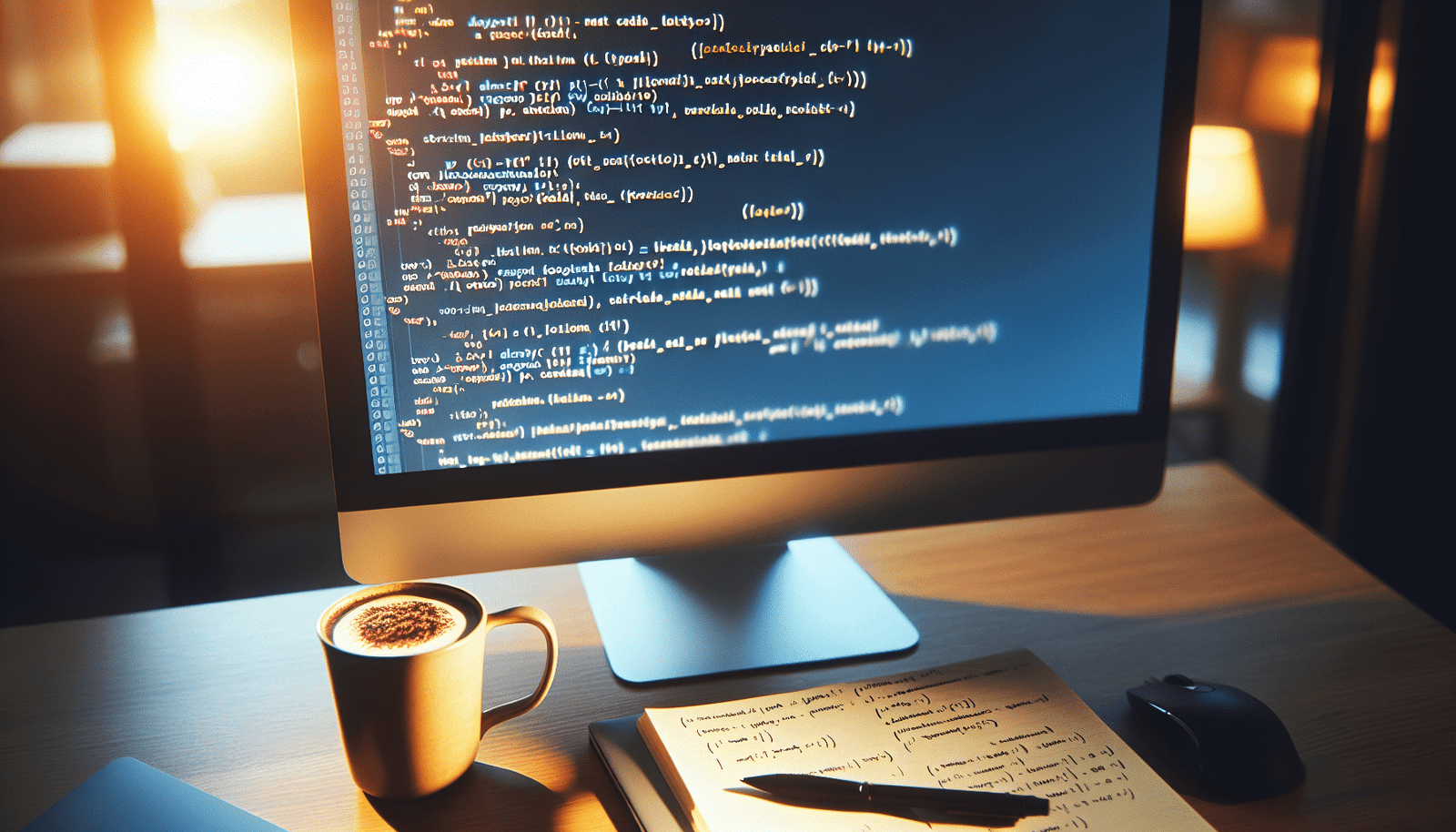Gros plan sur un écran d'ordinateur affichant des lignes de code Python pour le Machine Learning, avec une tasse de café et des notes manuscrites et un stylet numérique autour. Ambiance studieuse mais chaleureuse, lumière naturelle.