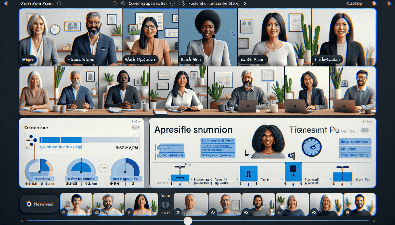 Un écran divisé montrant une réunion Zoom en cours et, à côté, une transcription précise et un résumé automatique de la conversation, avec des mots clés mis en évidence. Des marqueurs temporels permettent de naviguer facilement dans l'enregistrement et de partager des extraits précis.  Ambiance collaborative et efficace, interface moderne et intuitive.