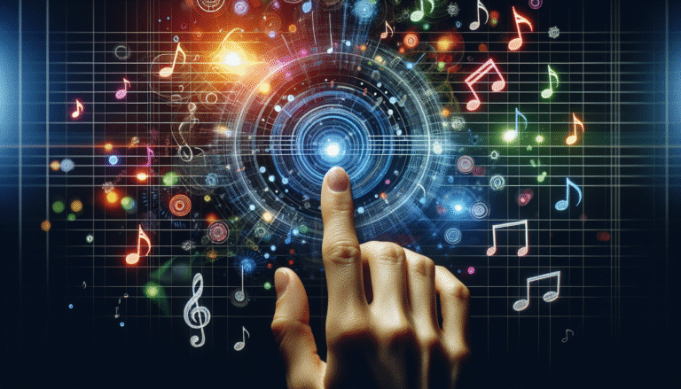 Une main humaine effleurant un écran tactile sur lequel s'affiche une partition musicale futuriste, entourée de notes colorées et de symboles musicaux. Style visuel: vibrant, inspirant, technologique
