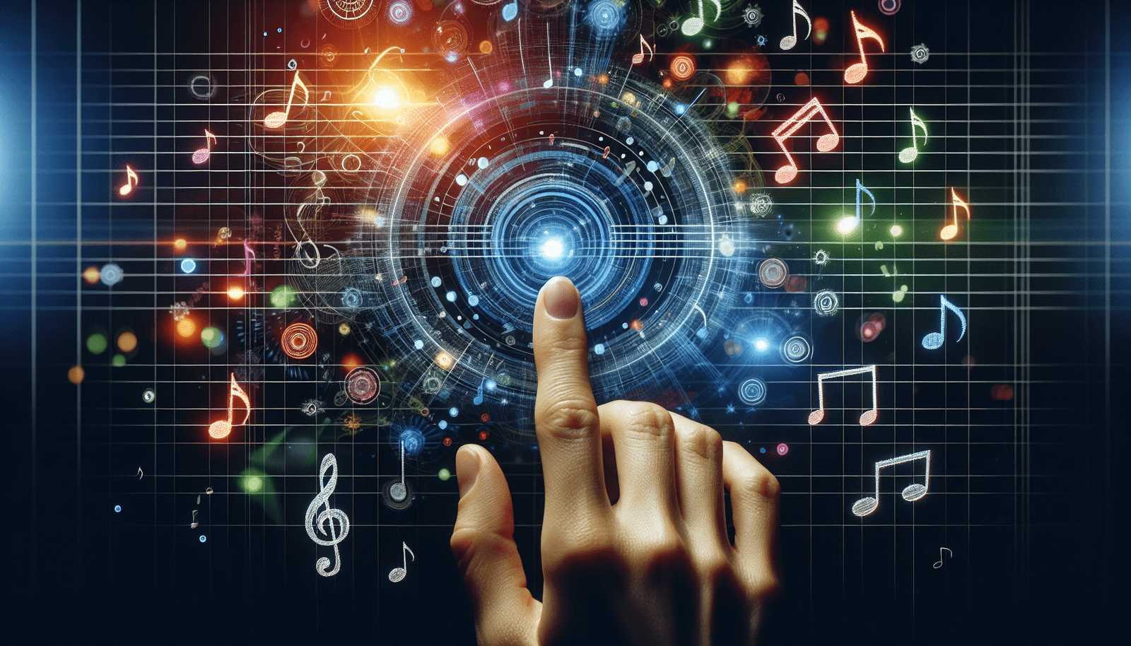Une main humaine effleurant un écran tactile sur lequel s'affiche une partition musicale futuriste, entourée de notes colorées et de symboles musicaux. Style visuel: vibrant, inspirant, technologique