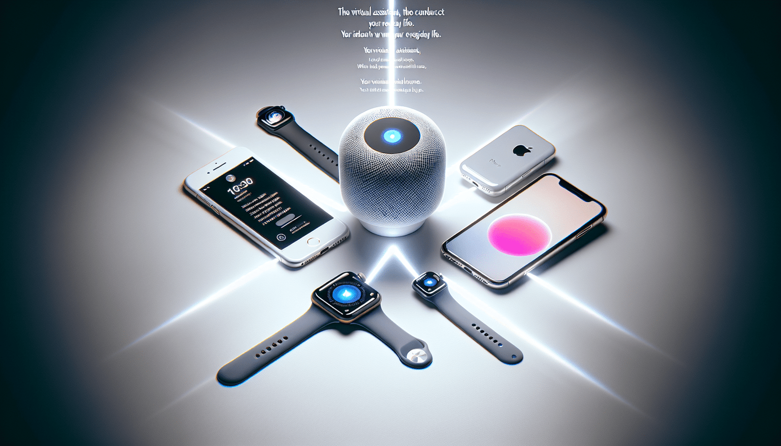 iPhone, Apple Watch, HomePod et MacBook disposés en cercle, connectés par des faisceaux lumineux symbolisant l'interaction avec Siri. Fond blanc épuré. Texte: "Siri, le chef d'orchestre de votre quotidien."
