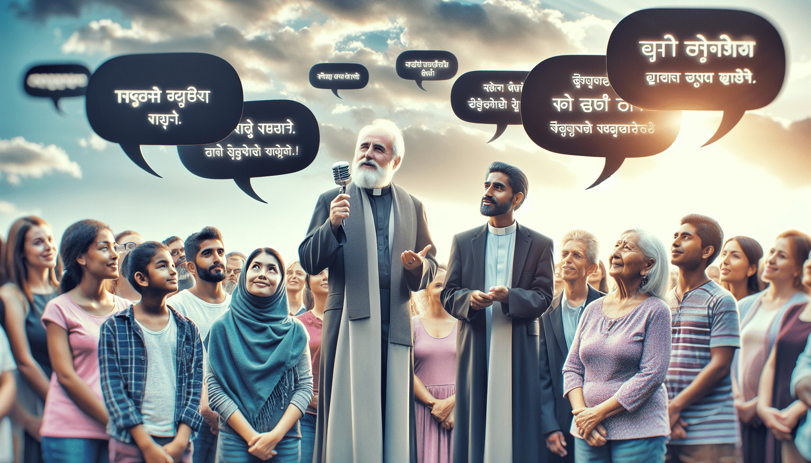 Le Pape s'adressant à une foule multiculturelle, avec des bulles de texte traduites en temps réel au-dessus de leurs têtes. Ambiance joyeuse et connectée.