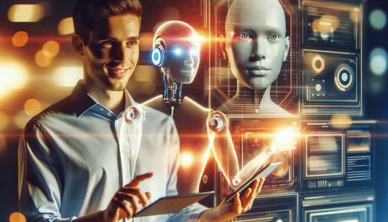Un humain et une IA sous forme de lumière amicale travaillant ensemble sur un tableau de bord numérique, symbolisant la collaboration harmonieuse plutôt que la compétition. Tons futuristes mais chaleureux, lumière douce et engageante, composition dynamique pour mobile.