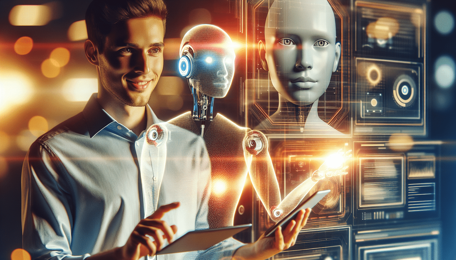 Un humain et une IA sous forme de lumière amicale travaillant ensemble sur un tableau de bord numérique, symbolisant la collaboration harmonieuse plutôt que la compétition. Tons futuristes mais chaleureux, lumière douce et engageante, composition dynamique pour mobile.