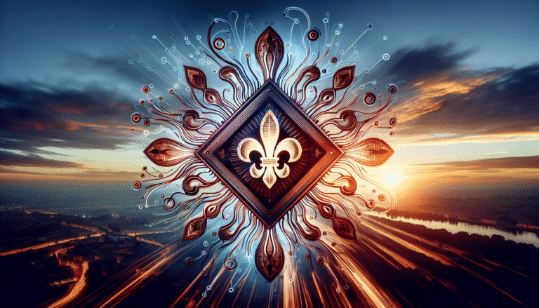 Visuel stylisé et dynamique d'une puce électronique fusionnant avec une fleur de lys stylisée, sur fond de ciel au lever du soleil, évoquant l'innovation, la puissance et l'origine française.