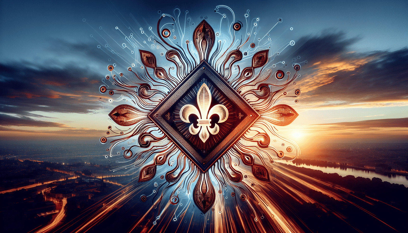 Visuel stylisé et dynamique d'une puce électronique fusionnant avec une fleur de lys stylisée, sur fond de ciel au lever du soleil, évoquant l'innovation, la puissance et l'origine française.