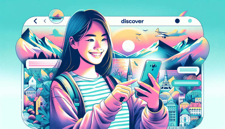 Illustration style Discover représentant une personne souriante consultant un itinéraire de voyage sur son téléphone, avec ChatGPT ouvert en arrière-plan. Des images floues de paysages magnifiques (montagne, plage, ville) apparaissent en superposition. Couleurs vives et lumineuses. Format >1200px.