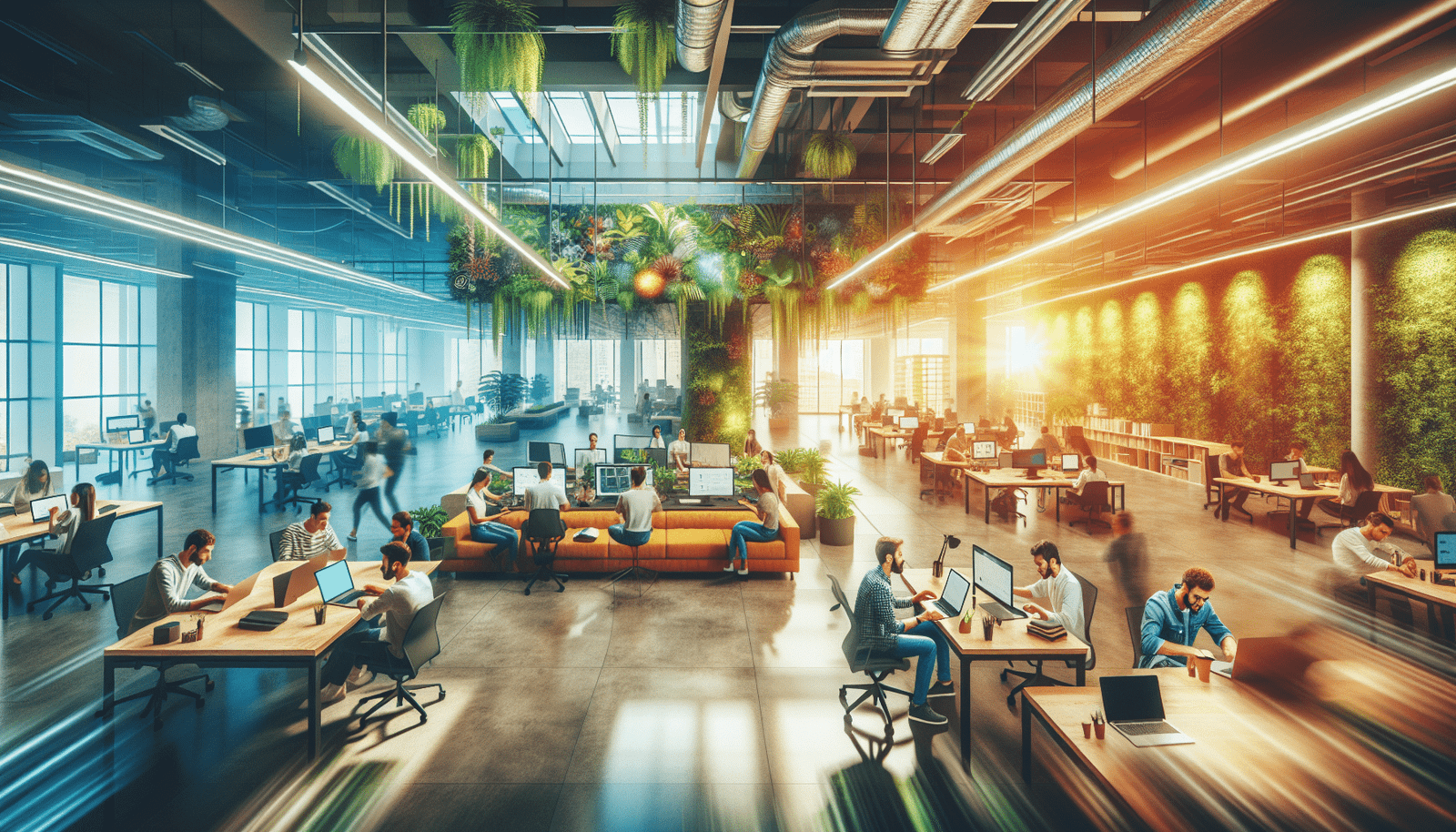 Vue panoramique d'un incubateur de startups avec des équipes travaillant sur des ordinateurs portables, ambiance dynamique et collaborative, plantes vertes et lumière naturelle.  Couleurs vives et modernes.