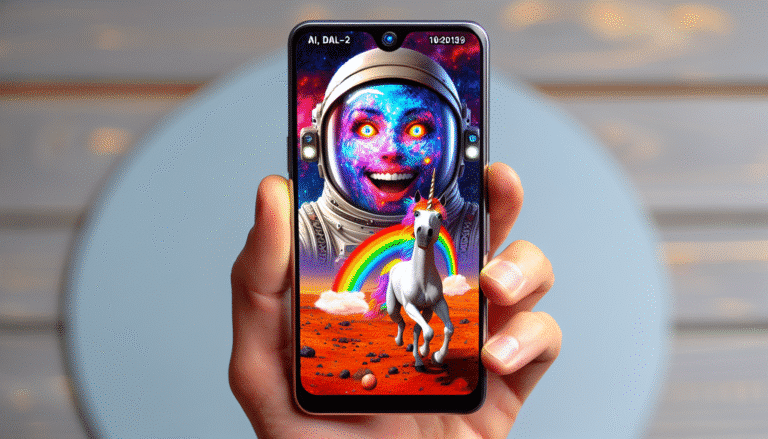Une main tenant un smartphone affichant une image surréaliste et colorée générée par DALL-E 2, style "astronaute chevauchant une licorne arc-en-ciel sur Mars". Un sourire émerveillé se reflète sur l'écran. Style vibrant et optimiste, résolution >1200px