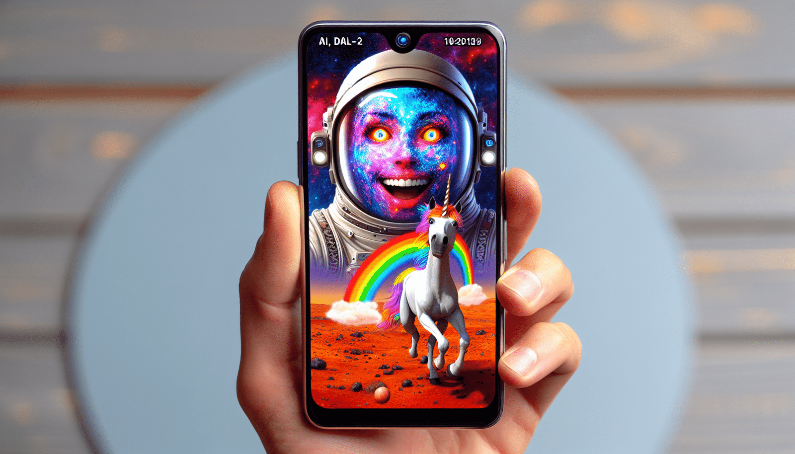 Une main tenant un smartphone affichant une image surréaliste et colorée générée par DALL-E 2, style "astronaute chevauchant une licorne arc-en-ciel sur Mars". Un sourire émerveillé se reflète sur l'écran. Style vibrant et optimiste, résolution >1200px