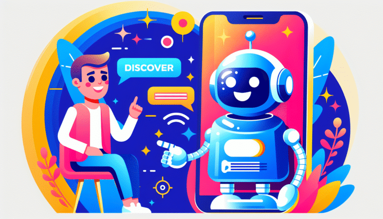 Illustration stylisée et colorée d'un chatbot souriant en conversation avec un utilisateur sur un smartphone. L'utilisateur est détendu et souriant également. Fond lumineux et moderne. Résolution > 1200px, style Discover.