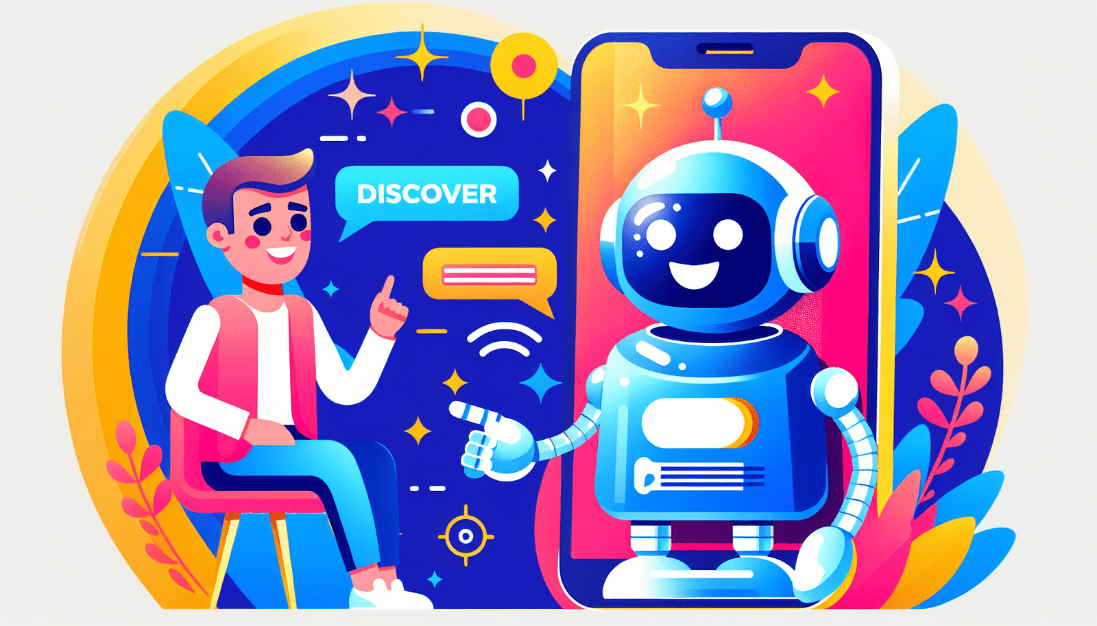 Illustration stylisée et colorée d'un chatbot souriant en conversation avec un utilisateur sur un smartphone. L'utilisateur est détendu et souriant également. Fond lumineux et moderne. Résolution > 1200px, style Discover.