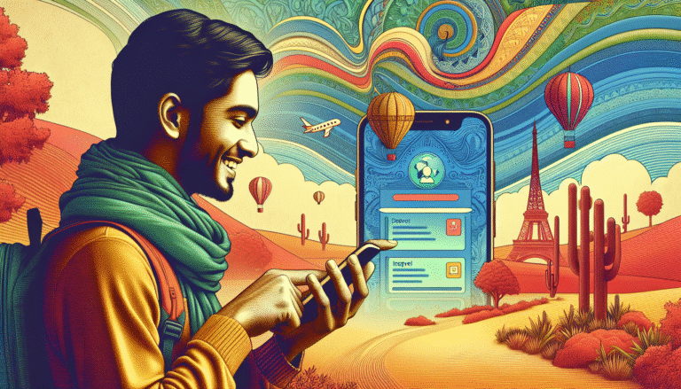 Photo stylisée d'une personne souriante consultant son téléphone devant un paysage de rêve, avec l'interface de l'application Hopper affichée sur l'écran. Couleurs vives, style Discover.