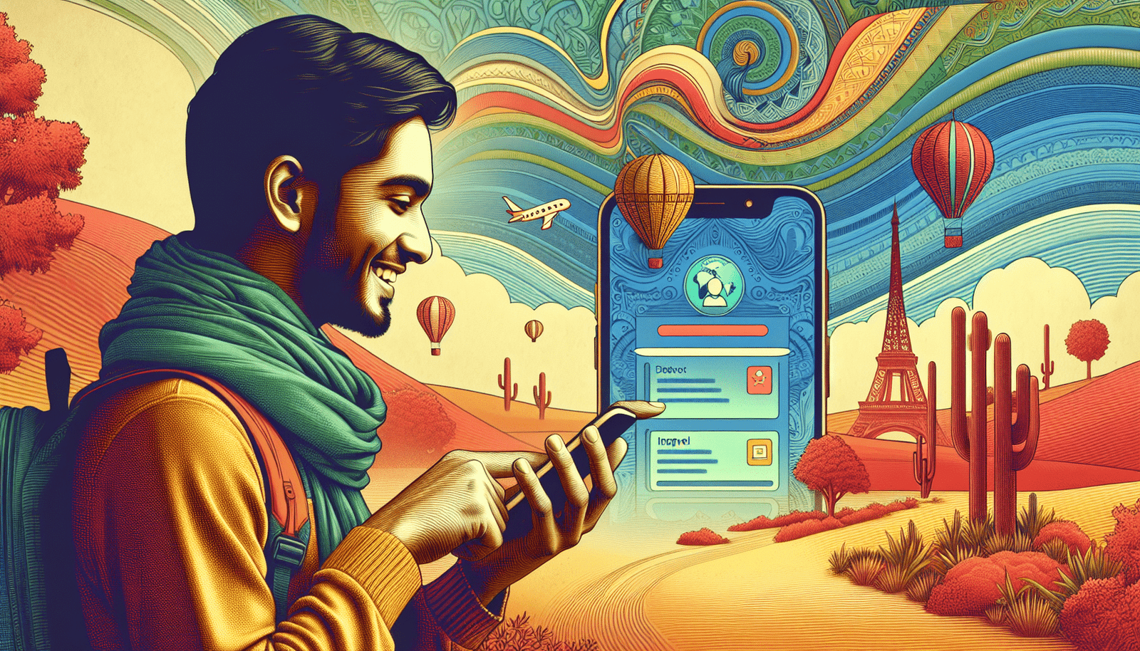 Photo stylisée d'une personne souriante consultant son téléphone devant un paysage de rêve, avec l'interface de l'application Hopper affichée sur l'écran. Couleurs vives, style Discover.