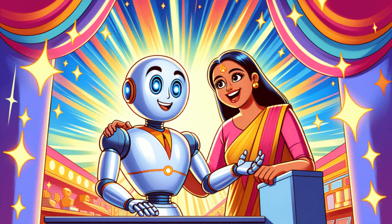 Illustration stylisée d'un robot collaborant avec un humain sur une tâche, ambiance positive et optimiste, couleurs vives, style Pixar