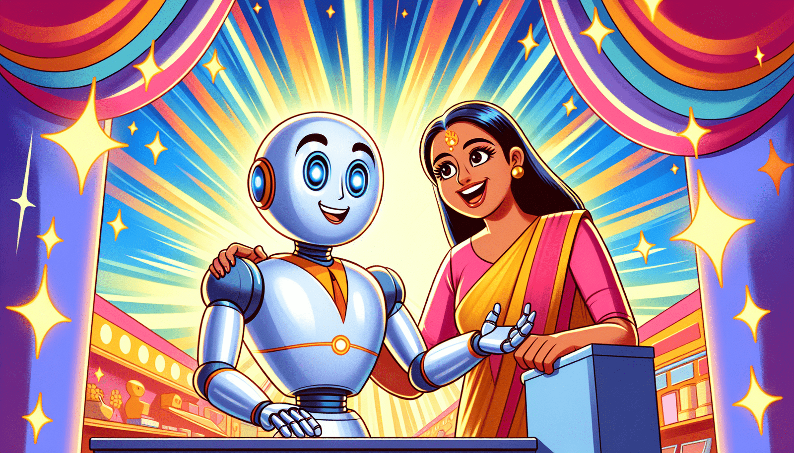 Illustration stylisée d'un robot collaborant avec un humain sur une tâche, ambiance positive et optimiste, couleurs vives, style Pixar