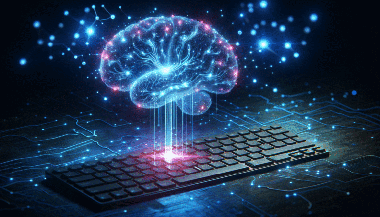 Un cerveau stylisé, lumineux et futuriste, avec des circuits neuronaux brillants, flottant au-dessus d'un clavier d'ordinateur. Lumière bleue et violette, ambiance mystérieuse et puissante, haute résolution.