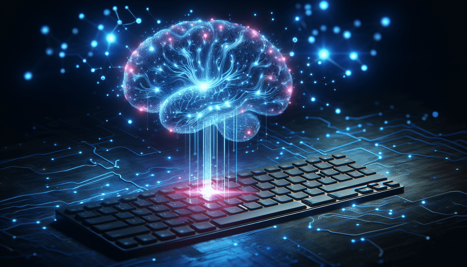 Un cerveau stylisé, lumineux et futuriste, avec des circuits neuronaux brillants, flottant au-dessus d'un clavier d'ordinateur. Lumière bleue et violette, ambiance mystérieuse et puissante, haute résolution.