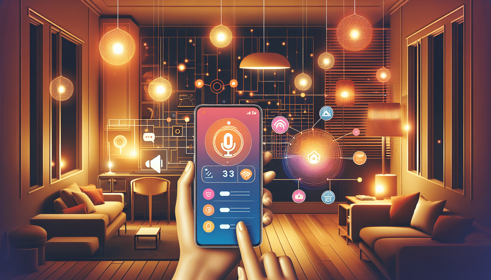 Illustration stylisée et moderne d'une personne utilisant Siri sur son iPhone pour contrôler les appareils connectés de sa maison. L'image montre une ambiance chaleureuse et cosy, avec des lumières tamisées contrôlées par HomeKit.  On peut voir des ampoules connectées Nanoleaf, des stores automatisés Lutron et une Apple TV. Style Discover: minimaliste, élégant, couleurs pastels.