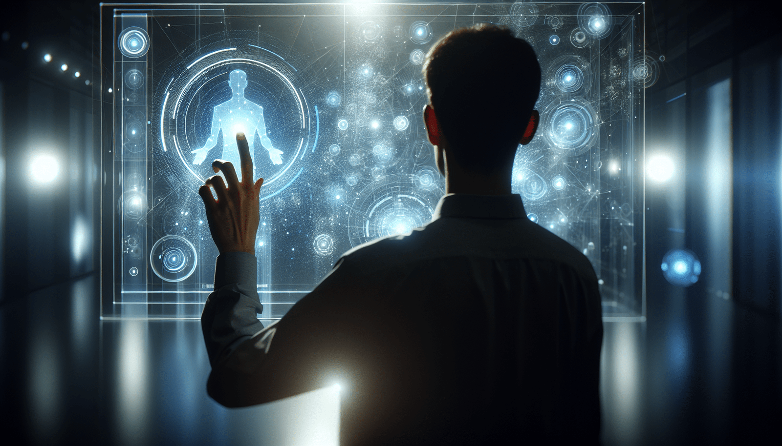 Une personne (vue de dos ou de profil, silhouette) interagit de manière transparente avec un environnement technologique lumineux et diffus, sans écran apparent. Des hologrammes discrets ou des interfaces projectées flottent autour d'elle, réagissant à ses gestes ou à sa voix. L'ambiance est calme, futuriste et remplie d'un sentiment de facilité et de connexion naturelle.