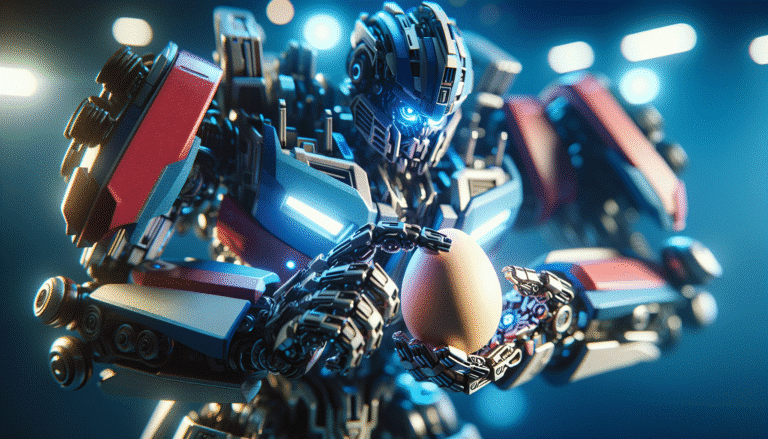 Gros plan stylisé et dynamique sur les mains d'Optimus manipulant délicatement un œuf sans le casser, éclairage futuriste, fond flouté.