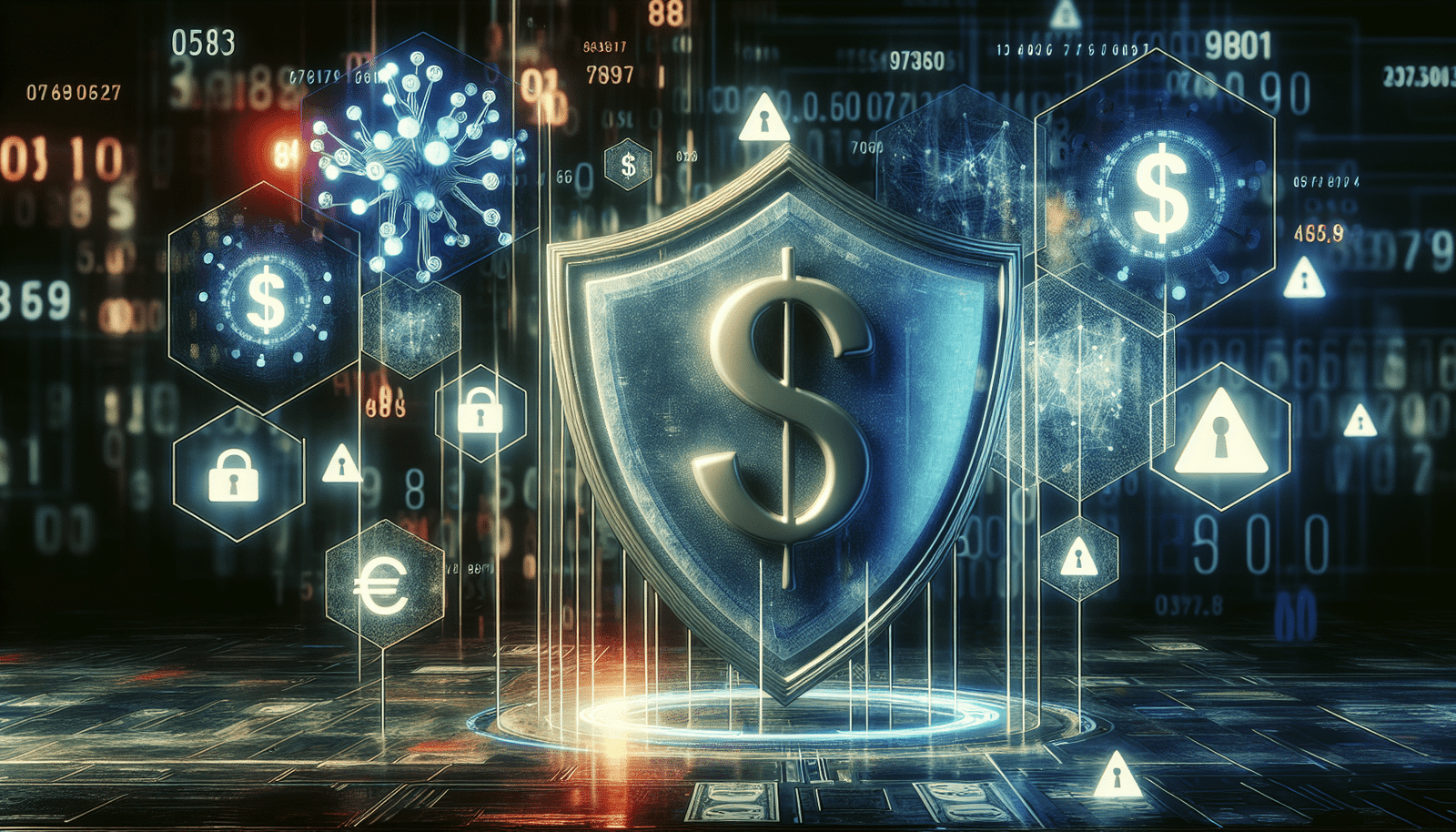Un bouclier stylisé protégeant des données bancaires représentées par des chiffres et des symboles monétaires. Ambiance high-tech, couleurs sombres et lumineuses.  Ajouter un élément visuel discret représentant l'IA (ex: un réseau neuronal).