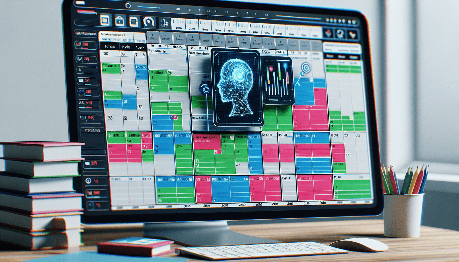 Représentation visuelle d'un calendrier optimisé et bien rangé sur un écran d'ordinateur. Des blocs de temps colorés pour différentes tâches s'agencent intelligemment, laissant des espaces pour les pauses et les imprévus.  Une petite icône d'IA est visible, suggérant l'automatisation. Style moderne et épuré.