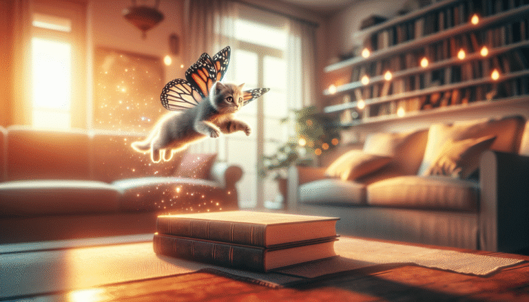 visuel Discover >1200px, Un écran de smartphone affichant une scène courte et surréaliste générée par IA: un chat volant avec des ailes de papillon atterrissant doucement sur une pile de livres dans un salon cosy, avec une lumière douce du soleil. L'ambiance est à la fois magique et légèrement absurde, capturant l'instant "chute" imprévu. Tons chauds et rêveurs, image de haute qualité avec un effet bokeh.