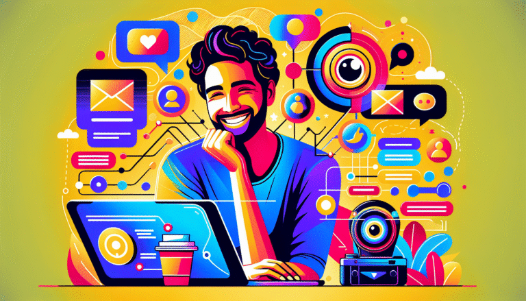 Une image stylisée et vibrante montrant un influenceur souriant devant son ordinateur portable, créant du contenu avec l'aide d'une interface IA intuitive type Jasper.ai. Des icônes représentant différents types de contenu (posts, stories, scripts vidéo) flottent autour de lui. Style visuel moderne et coloré, résolution >1200px, adapté à Google Discover.