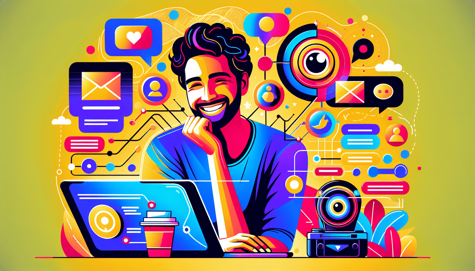 Une image stylisée et vibrante montrant un influenceur souriant devant son ordinateur portable, créant du contenu avec l'aide d'une interface IA intuitive type Jasper.ai. Des icônes représentant différents types de contenu (posts, stories, scripts vidéo) flottent autour de lui. Style visuel moderne et coloré, résolution >1200px, adapté à Google Discover.