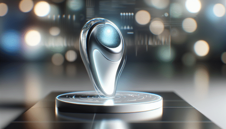 Un objet tech futuriste, ultra-minimaliste et épuré, aux lignes douces et organiques, dégageant une lumière douce et intelligente. L'objet est posé sur une surface brillante, avec un arrière-plan flou évoquant la sophistication et l'innovation. Couleurs neutres et élégantes (blanc, gris, argent), avec une touche de bleu clair ou de vert lumineux symbolisant l'IA.