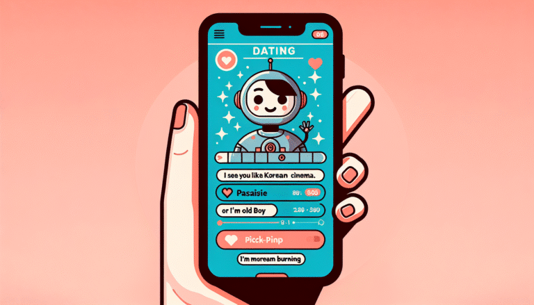 Une main tenant un smartphone affichant une application de rencontre. Un petit robot souriant apparaît à l’écran et propose une phrase d’accroche originale et drôle, inspirée par le profil consulté : "J'ai vu que tu aimais le cinéma coréen. Parasite ou Old Boy ? Moi, je suis plutôt team Burning". Fond pastel coloré, style illustration vectorielle moderne.
