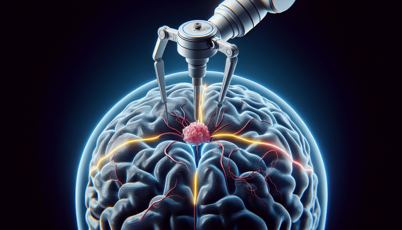 Image 3D d'un cerveau avec une tumeur,  survolée par un bras robotique chirurgical. Des lignes lumineuses indiquent les trajectoires optimales pour l'intervention. L'image doit inspirer confiance et précision.  Ajoutez une représentation visuelle des zones à éviter (vaisseaux sanguins, zones sensibles).