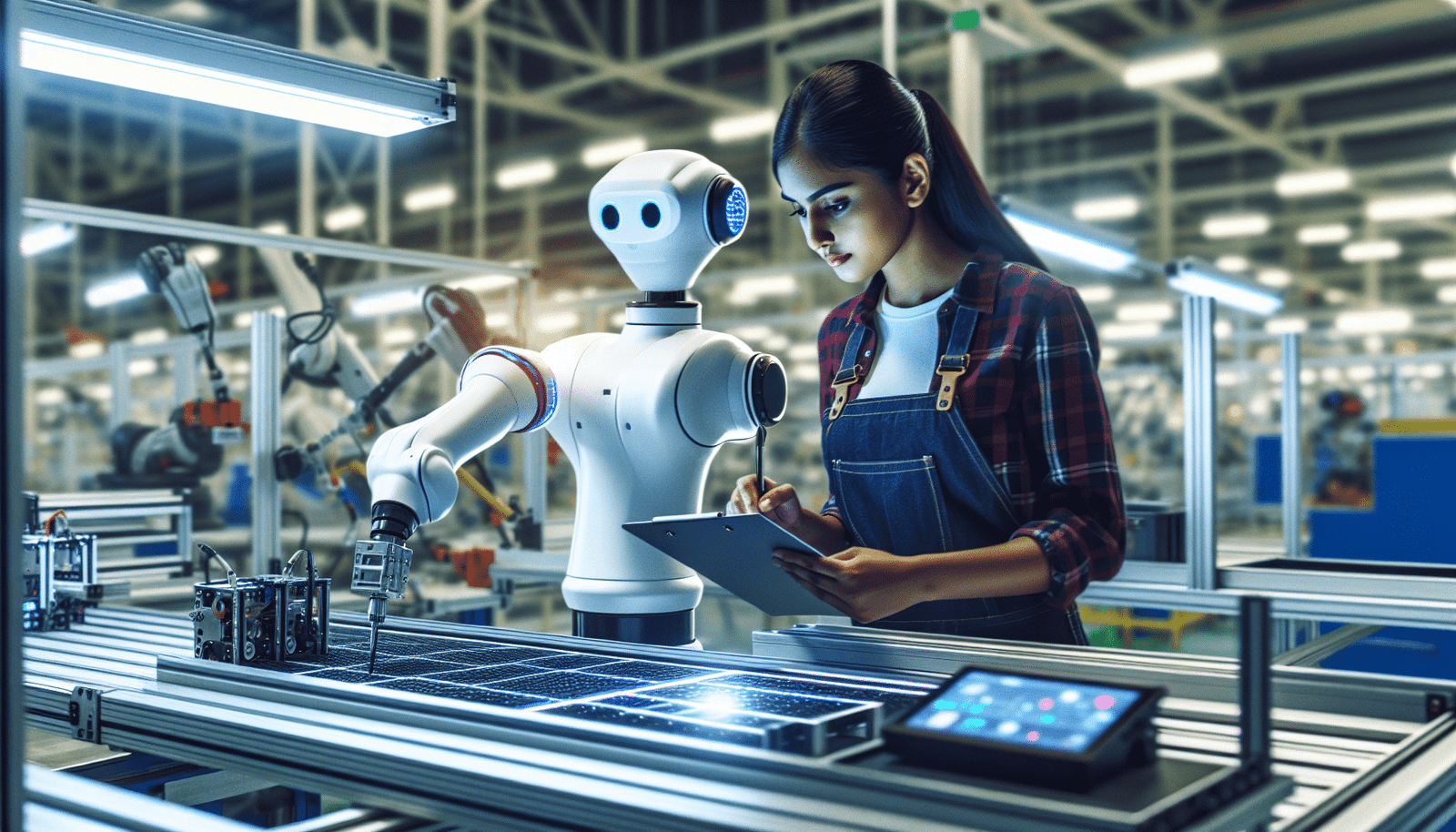 Un robot collaboratif (cobot) travaillant aux côtés d'un humain dans une usine, sur une chaîne de montage moderne et lumineuse.