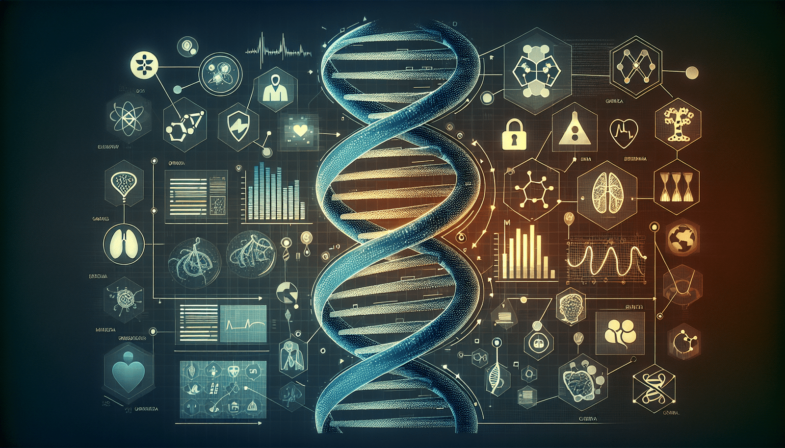 Illustration stylisée d'une double hélice d'ADN avec des données et des graphiques superposés.  L'image doit illustrer la recherche et la personnalisation des traitements. Intégrer des icônes représentant différents types de données (génomiques, cliniques, imagerie).
