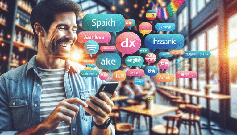Une personne souriante utilise Speakly sur son téléphone dans un café animé, avec des bulles de texte représentant différentes langues (espagnol, japonais, anglais, allemand) flottant autour d'elle. Style Discover, lumineux et coloré, résolution >1200px