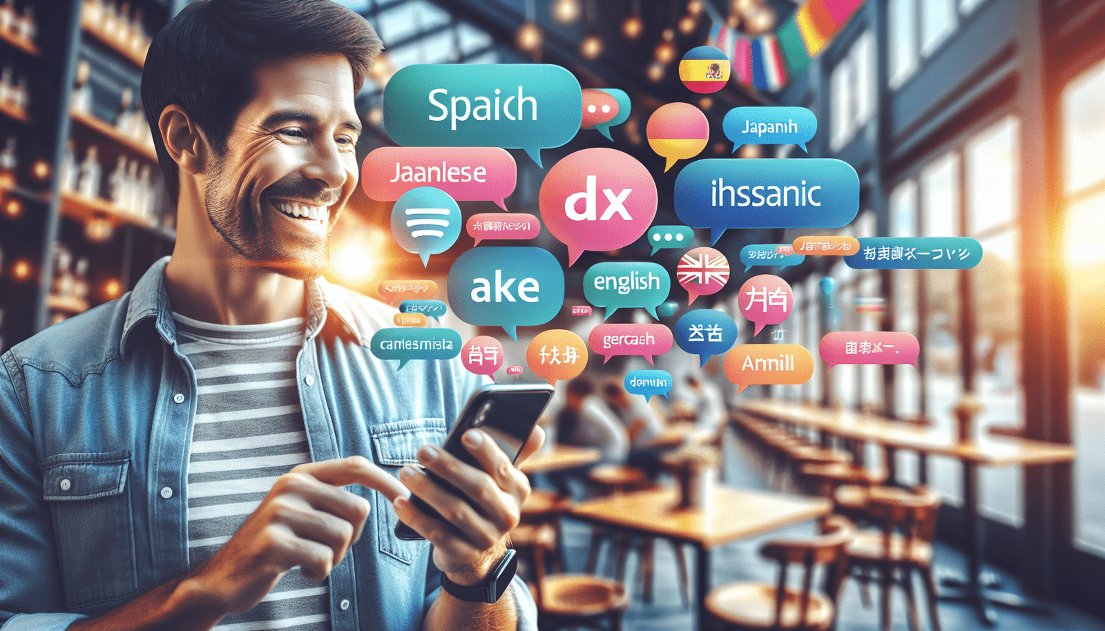 Une personne souriante utilise Speakly sur son téléphone dans un café animé, avec des bulles de texte représentant différentes langues (espagnol, japonais, anglais, allemand) flottant autour d'elle. Style Discover, lumineux et coloré, résolution >1200px
