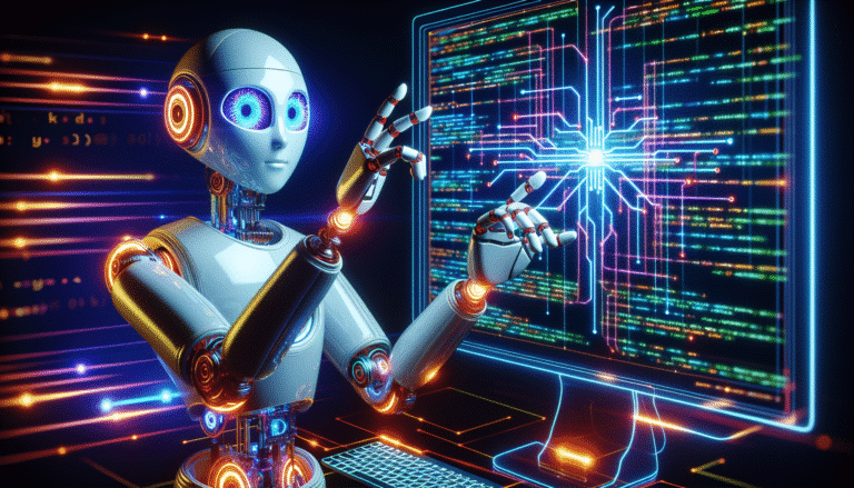 visuel Discover >1200px, Un robot humanoïde amical avec des yeux lumineux et des mains tendues vers un écran d'ordinateur affichant des lignes de code fluorescentes, symbolisant l'aide et la démystification de la programmation. Couleurs vives et futuristes, ambiance d'apprentissage et de découverte.
