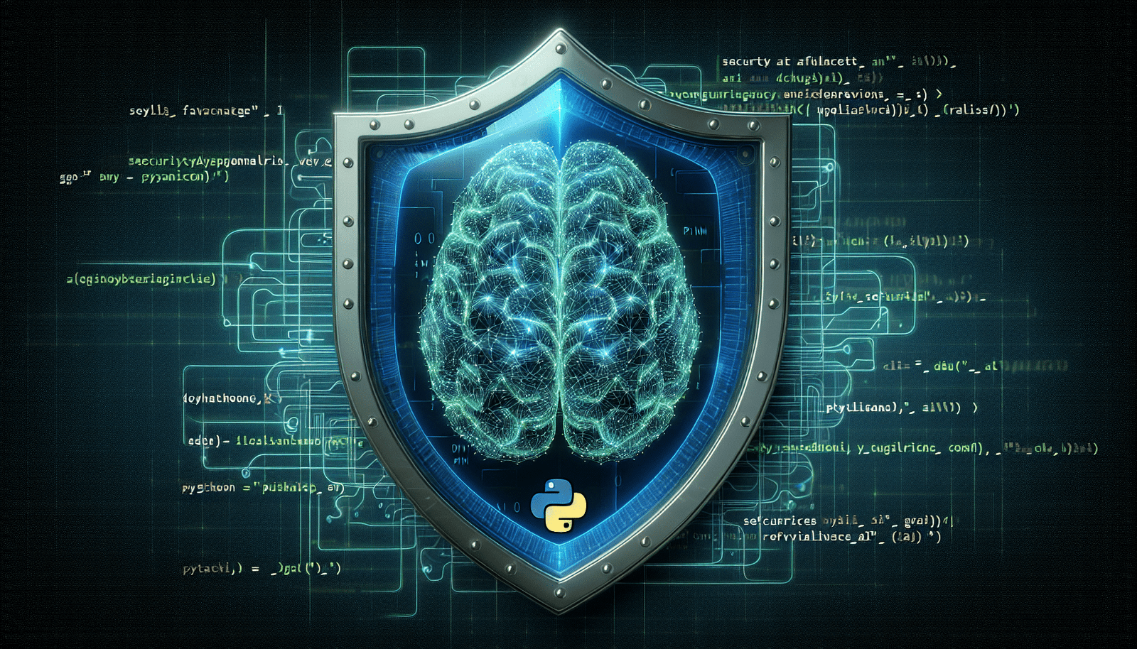 Un bouclier protecteur entourant un cerveau numérique, avec des lignes de code Python défilant autour. Style futuriste, couleurs bleues et vertes. Titre: La Sécurité au Cœur de l'IA