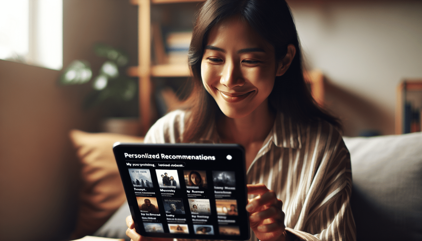 Une personne concentrée, souriant légèrement, absorbée par un écran de tablette affichant des recommandations personnalisées de films, livres ou podcasts. L'environnement est cosy et inspirant, avec une lumière douce et des objets suggérant la curiosité et l'apprentissage.