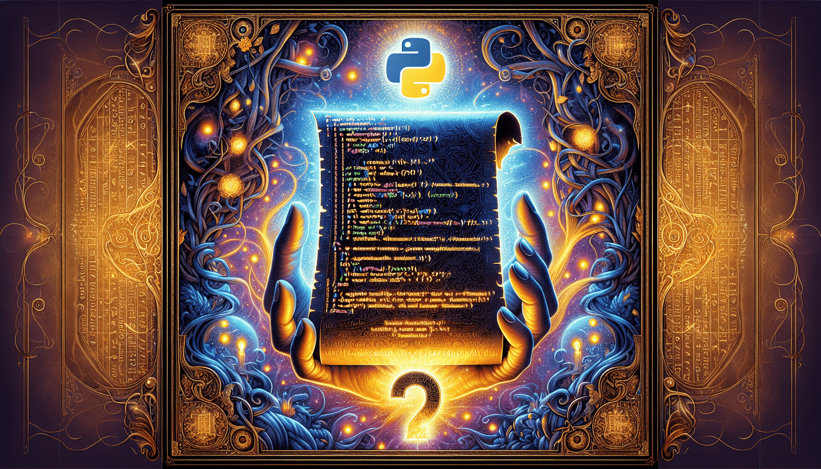 Une main tenant un parchemin illuminé, sur lequel est inscrit du code Python. Style fantasy, couleurs vibrantes. Titre: Les Secrets de Claude 2 Dévoilés ?