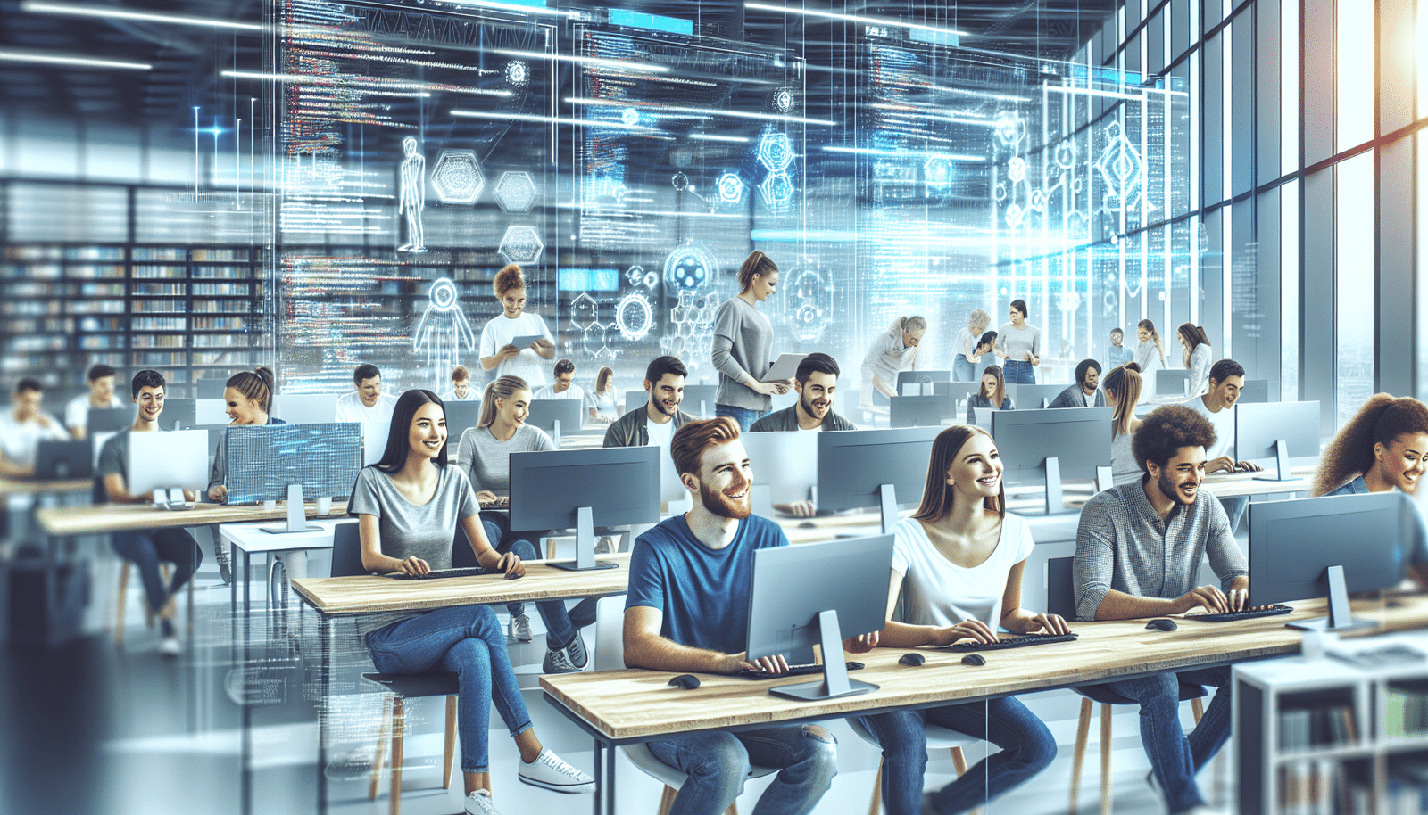 Vue stylisée d'un open space Apple design et lumineux, rempli d'ingénieurs souriants travaillant sur des écrans affichant des lignes de code et des interfaces futuristes liées à l'IA. Texte: "Apple investit massivement dans l'IA."