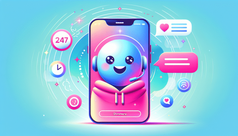 Illustration stylisée et colorée d'un chatbot souriant répondant à une question d'un client sur un smartphone. Le fond est un dégradé bleu clair et rose pastel, avec des icônes flottantes représentant le support 24/7, la rapidité et la satisfaction client. Style visuel moderne et engageant pour Google Discover, haute résolution >1200px.