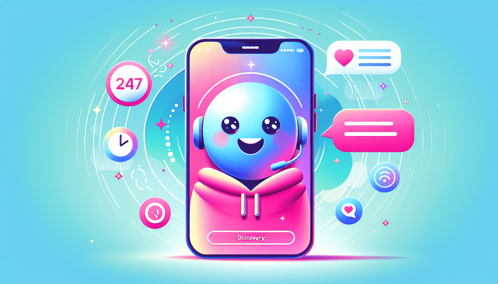 Illustration stylisée et colorée d'un chatbot souriant répondant à une question d'un client sur un smartphone. Le fond est un dégradé bleu clair et rose pastel, avec des icônes flottantes représentant le support 24/7, la rapidité et la satisfaction client. Style visuel moderne et engageant pour Google Discover, haute résolution >1200px.