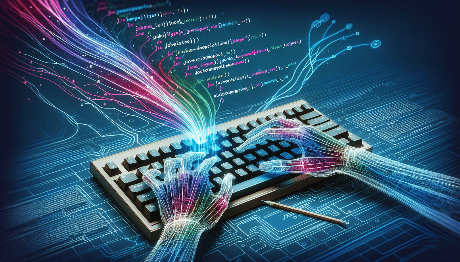 Illustration stylisée d'un clavier mécanique avec des lignes de code colorées (JavaScript) qui s'affichent comme par magie au-dessus des touches, symbolisant l'autocomplétion. Ambiance futuriste et dynamique. Montrer des mains en train de taper sur le clavier.