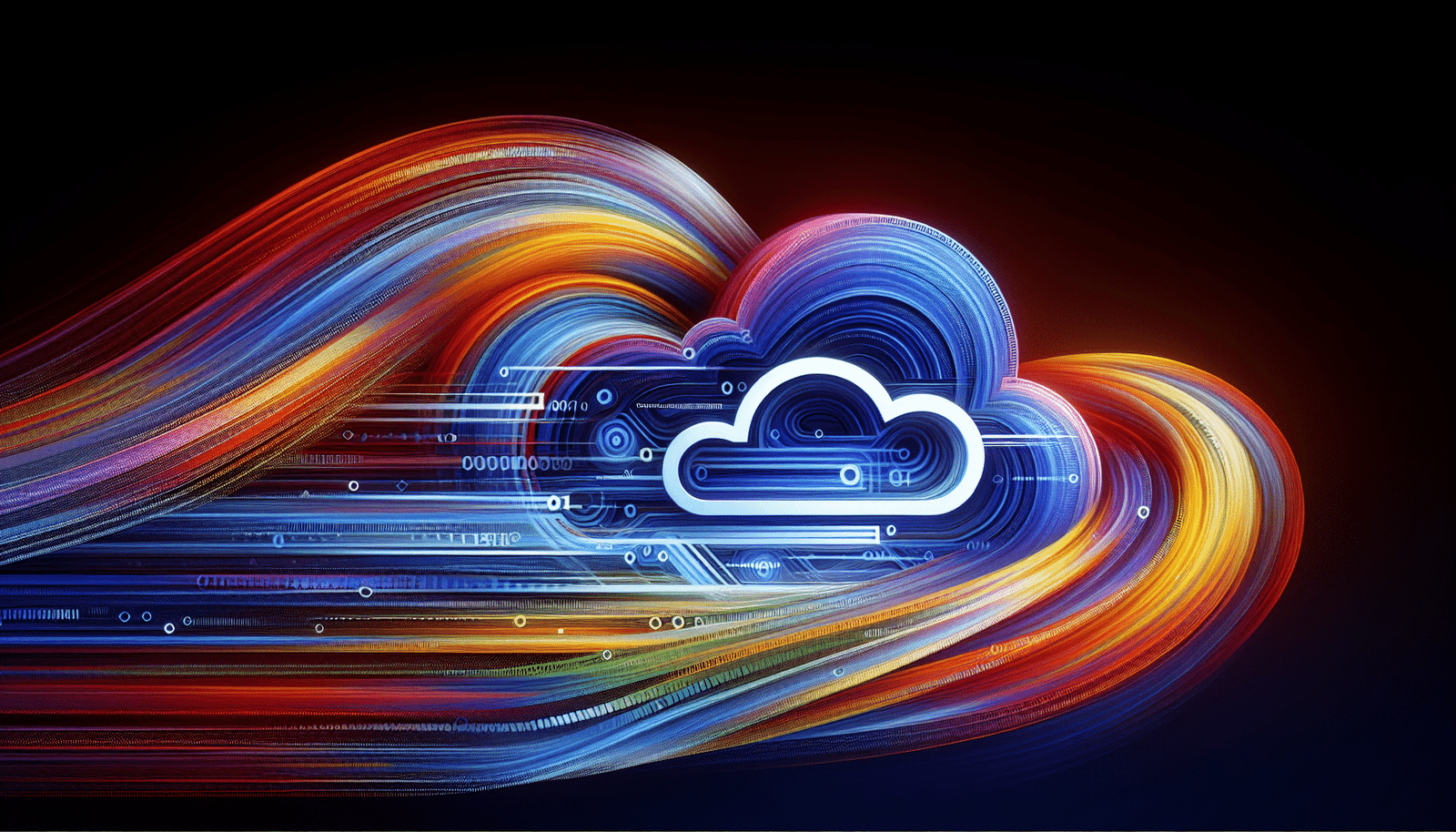 Illustration abstraite et dynamique représentant un flux de données se transformant en lignes de code, avec le logo de Google subtilement intégré. Couleurs vives et modernes. Focus sur la fluidité et l'intégration au cloud.