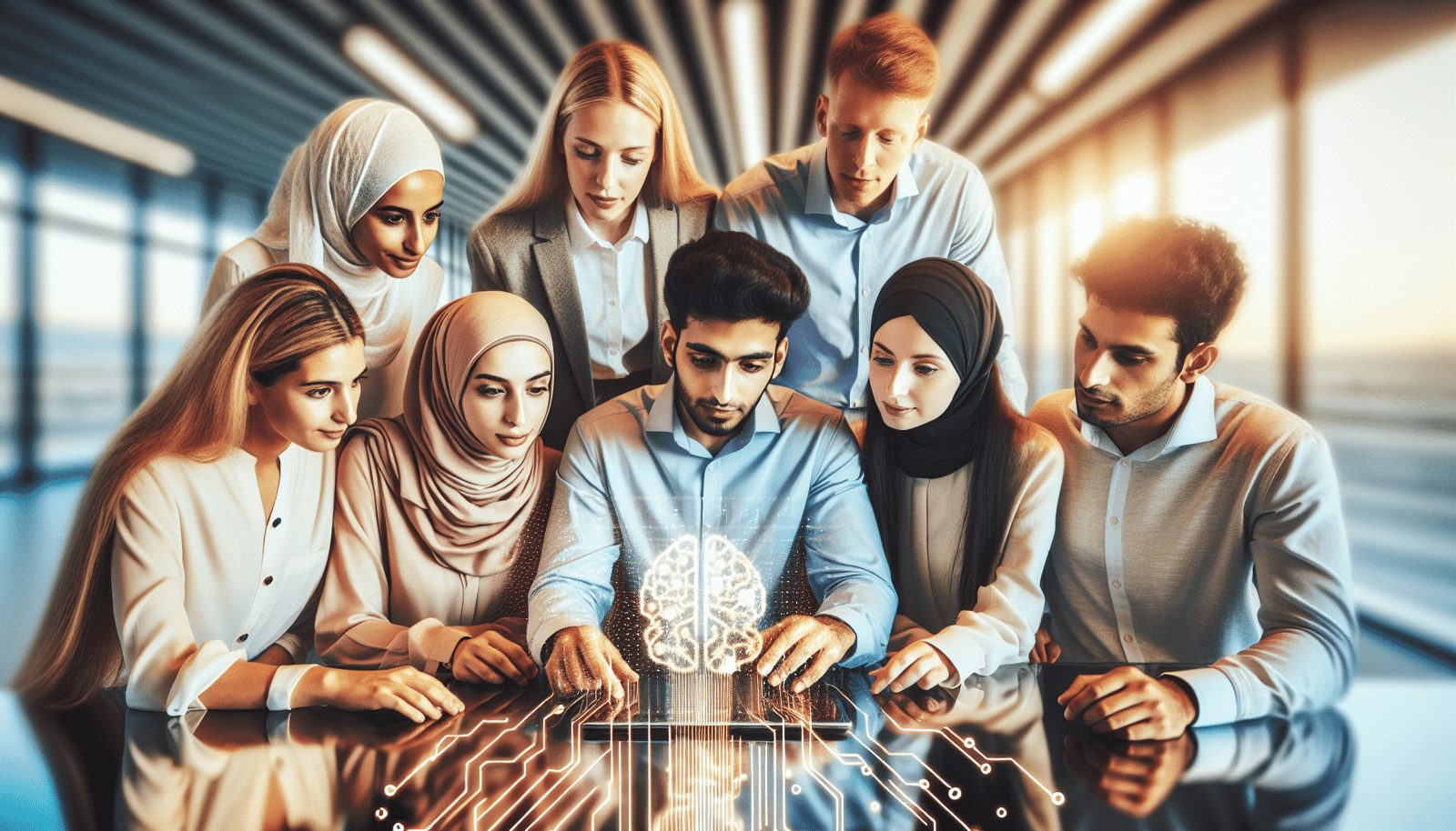 Des personnes collaborant autour d'un écran d'ordinateur ou d'une tablette, les visages expressifs et engagés, avec des symboles abstraits d'IA ou de données en arrière-plan, suggérant une synergie entre l'humain et la technologie, dans un cadre de bureau moderne et lumineux.